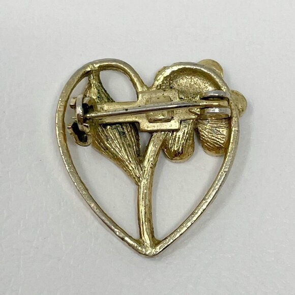 Vintage Heart Flower Brooch‎ Metallic Gold Tone Aqua Green Rhinestone Pin 1" - Picture 2 of 10